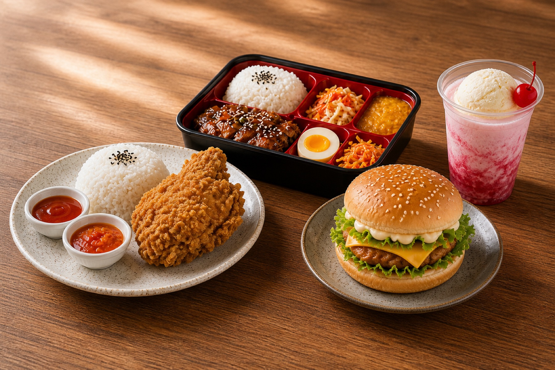 Sajian ayam crispy, bento, burger, dan float MrBlitz